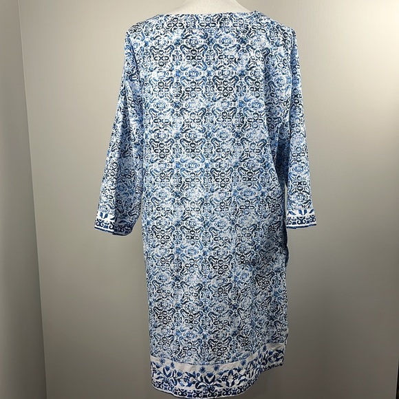 Lands End Embroidered V-neck Cotton Blue Print Tunic Sz 1X Dress Coverup Coastal - Picture 6 of 16
